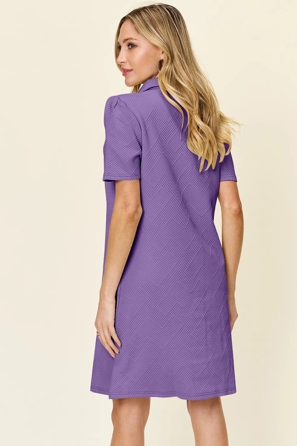 White Trendsi Double Take full-size textured short sleeve dress with a collared neck, showcasing a stylish and comfortable design.
