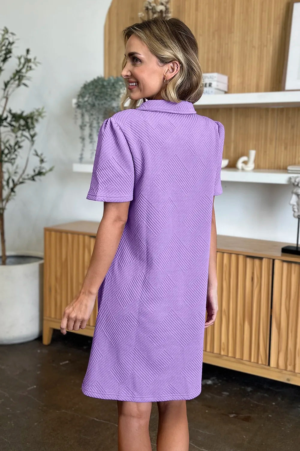 White Trendsi Double Take full-size textured collar neck short sleeve dress displayed on a hanger.