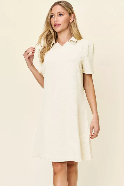 White Trendsi Double Take full-size textured short sleeve dress with a collared neck and stylish design.