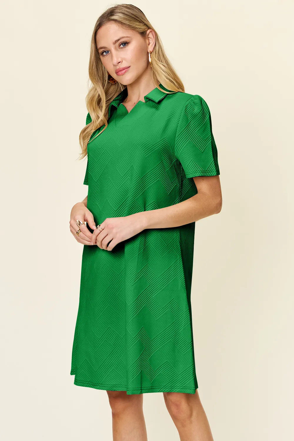White double take full-size textured short sleeve dress with a collared neck by Trendsi, showcased on a model.