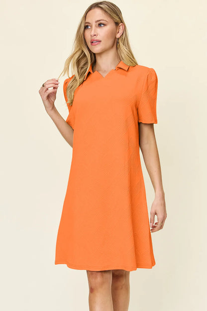 White Trendsi Double Take full-size textured short sleeve dress with a collared neck, stylish and comfortable for casual wear.