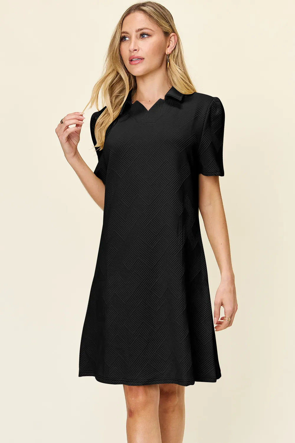 White double take full size textured short sleeve dress with a collared neck by Trendsi, showcasing its stylish collar and fabric details.