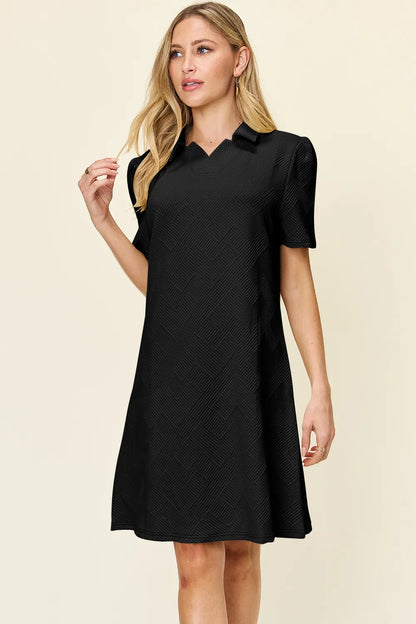 White double take full size textured short sleeve dress with a collared neck by Trendsi, showcasing its stylish collar and fabric details.