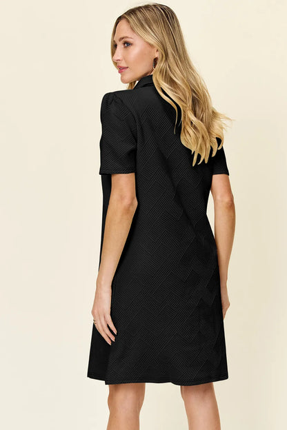 White double take texture collared neck short sleeve dress by Trendsi, full size, stylish and versatile for casual or dressy occasions.