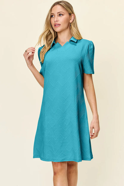 White Trendsi Double Take full-size textured short sleeve dress with a collared neck, displayed on a mannequin.