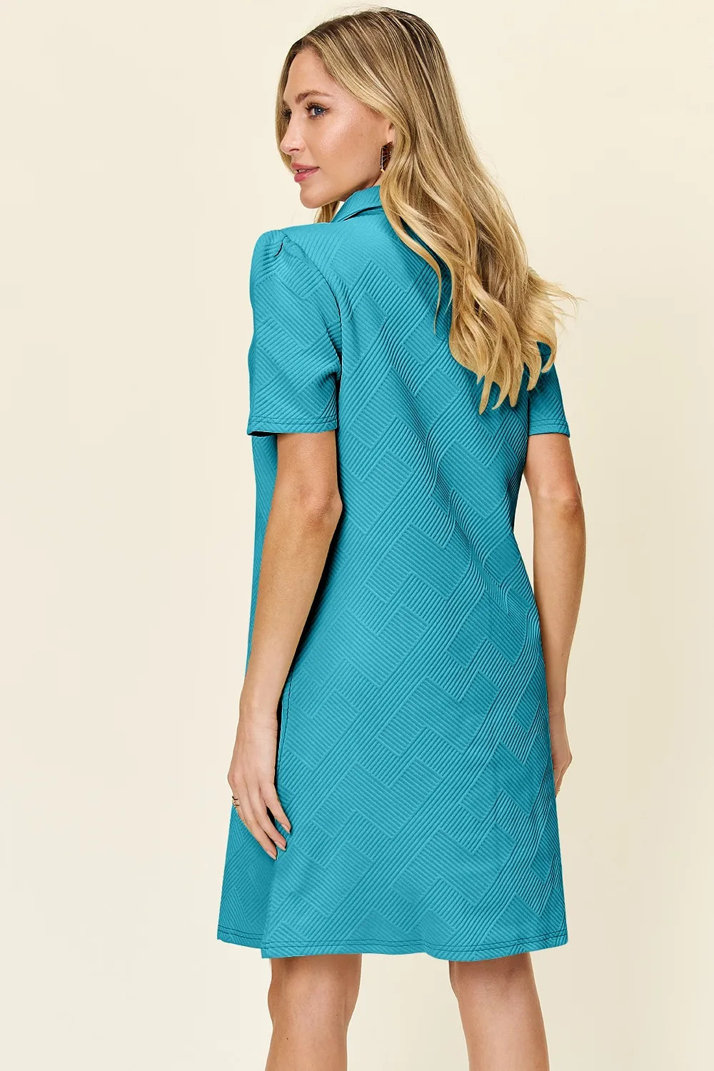 White double take short sleeve dress with textured fabric, collared neckline, and full size fit by Trendsi