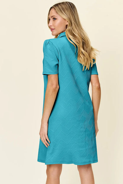 White double take short sleeve dress with textured fabric, collared neckline, and full size fit by Trendsi