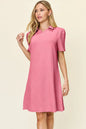 White Trendsi Double Take full-size texture dress with a collared neck and short sleeves, displayed on a model.