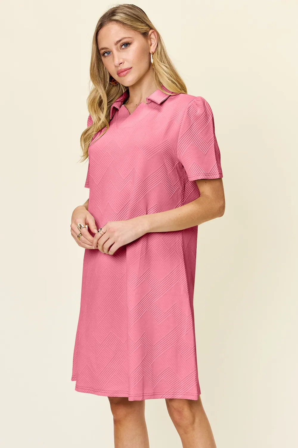 White Trendsi Double Take full-size textured short sleeve dress with a collared neck, showcasing a stylish, casual silhouette.