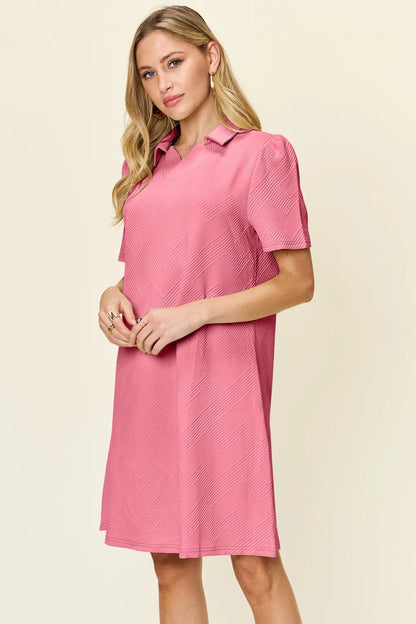White Trendsi Double Take full-size textured short sleeve dress with a collared neck, showcasing a stylish, casual silhouette.