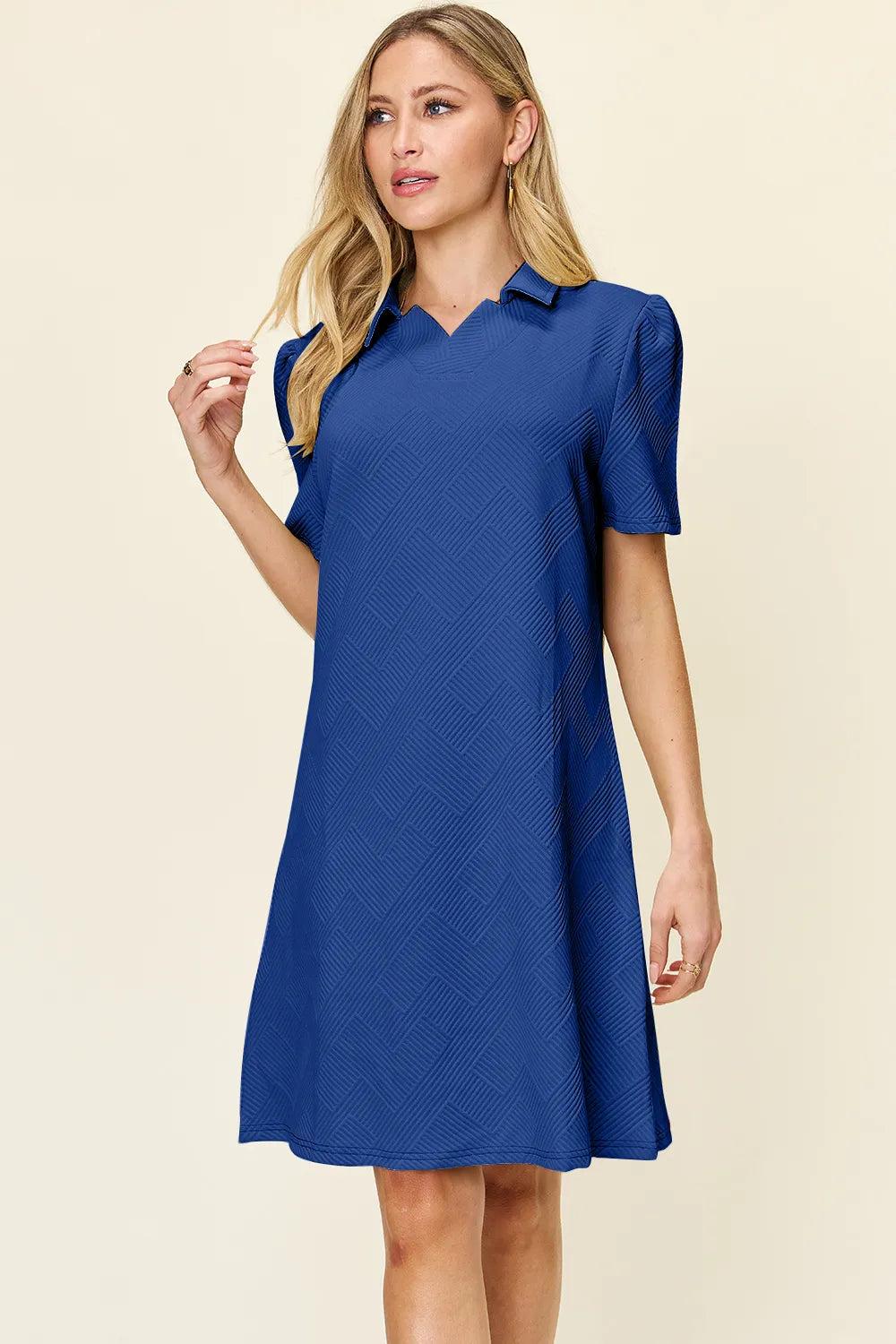 White Trendsi Double Take full-size textured short sleeve dress with a collared neck, perfect for casual or semi-formal wear.