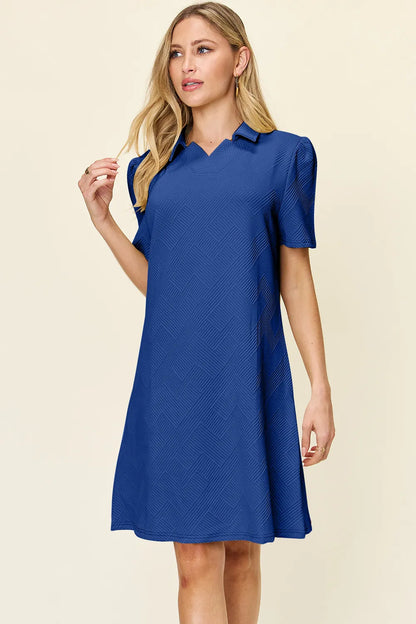 White Trendsi Double Take full-size textured short sleeve dress with a collared neck, perfect for casual or semi-formal wear.