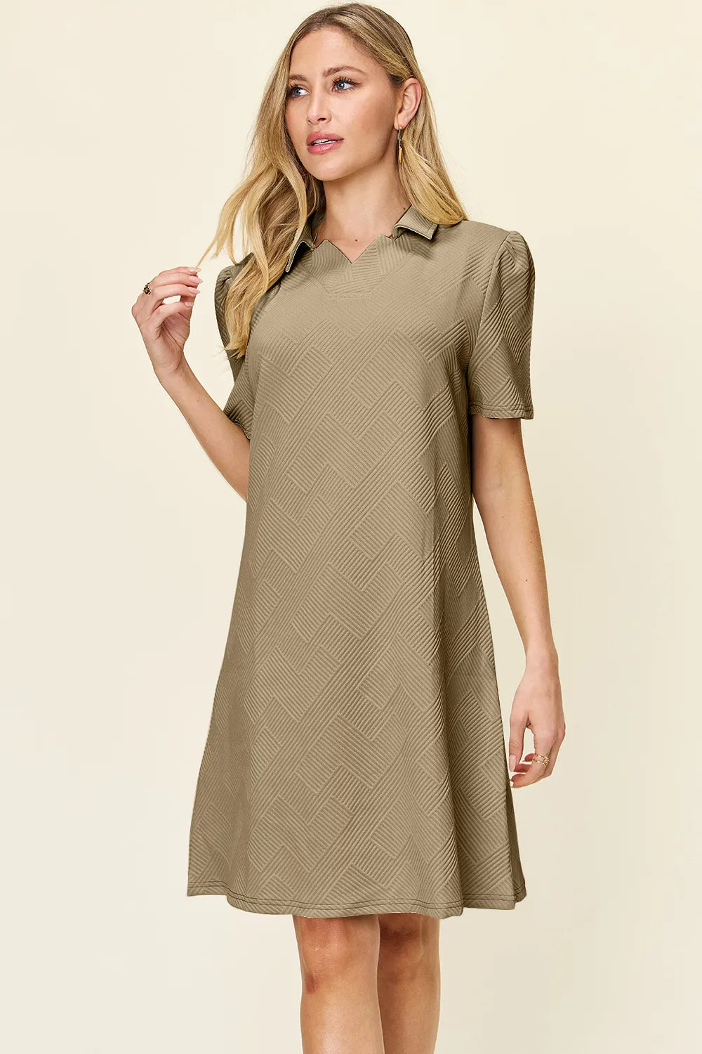 White double take full size texture collared neck short sleeve dress by Trendsi, featuring a stylish collar and textured fabric.