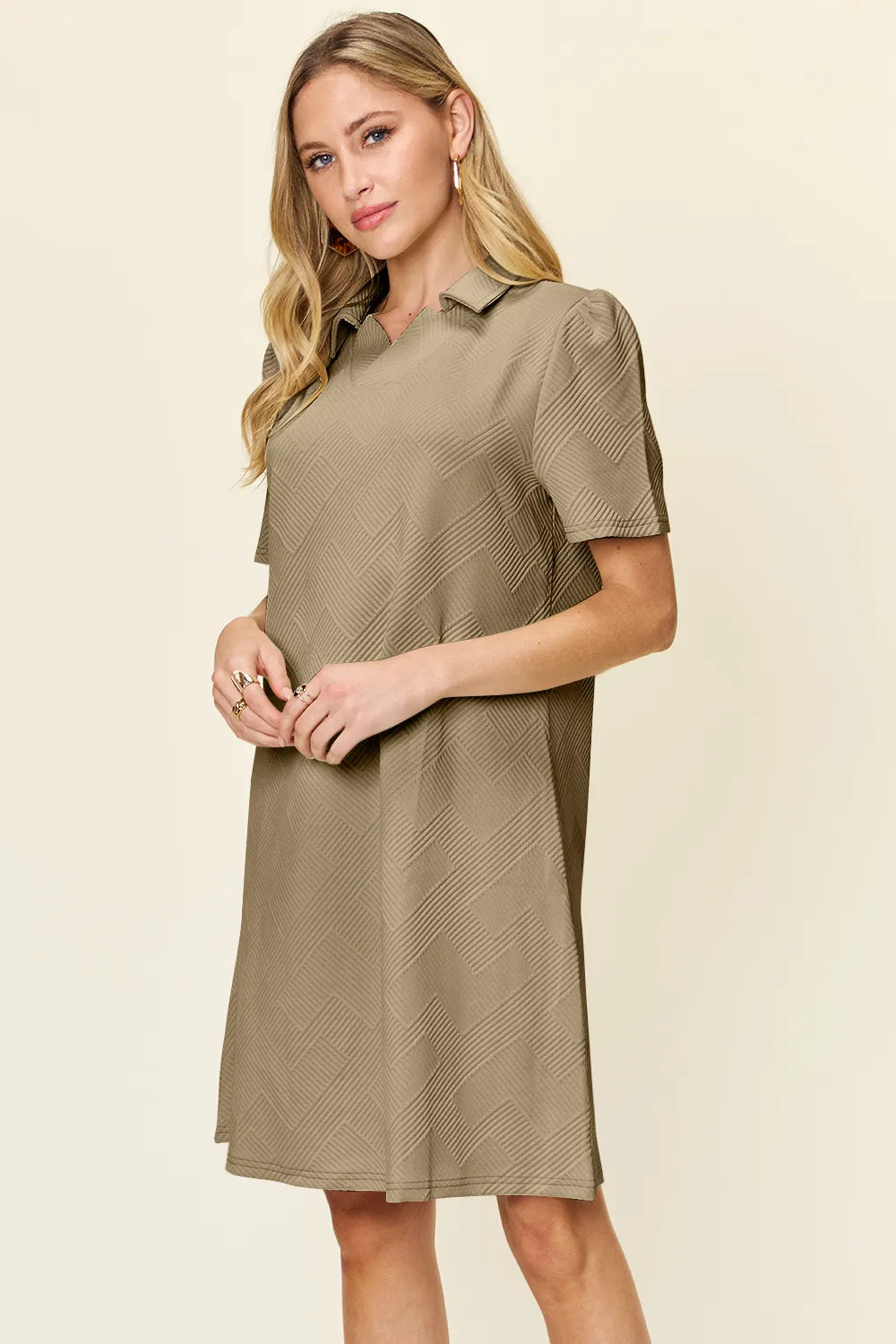 White double take full-size textured short sleeve dress with a collared neck from Trendsi, featuring a stylish and comfortable fit.