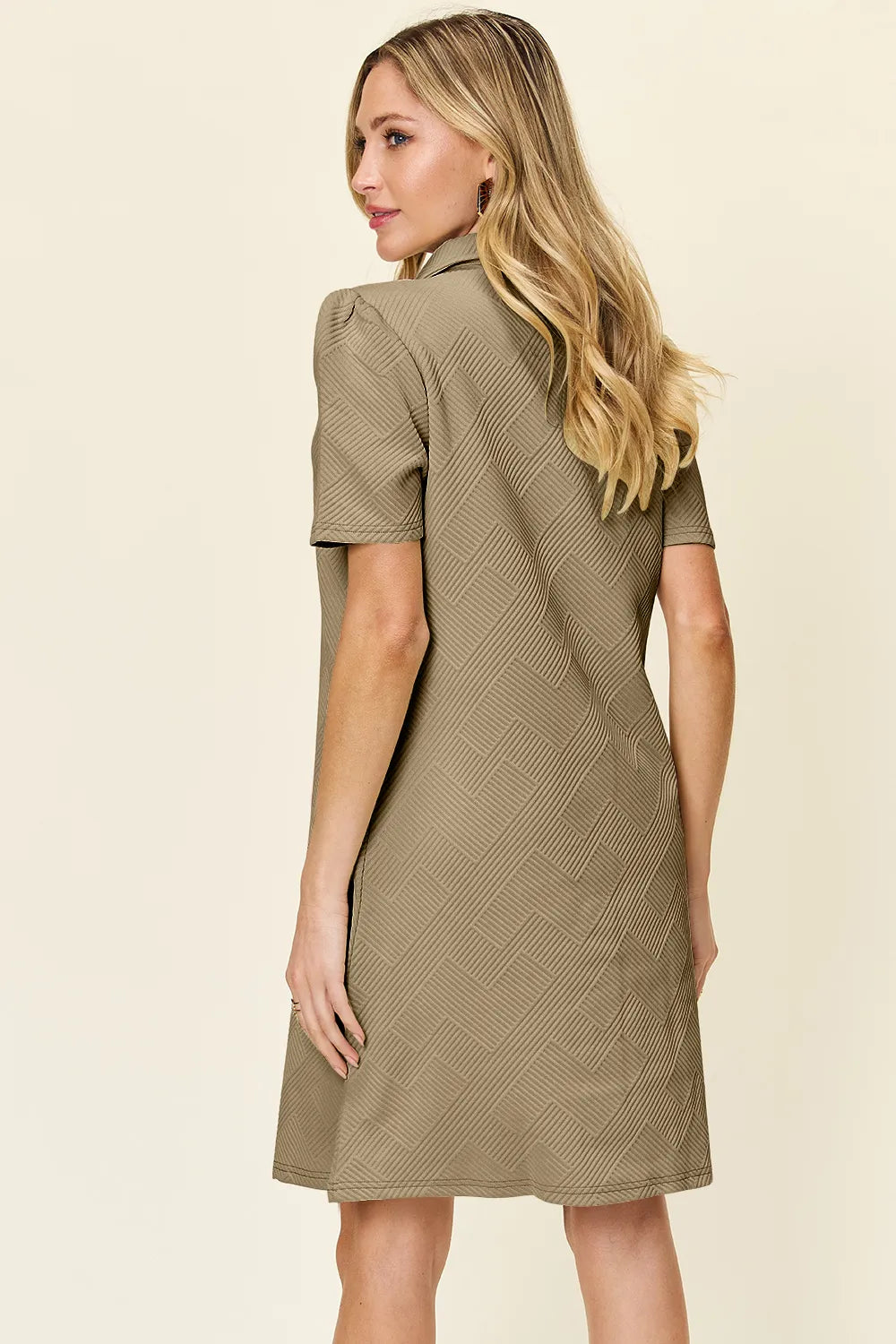 White Trendsi Double Take full-size textured short sleeve dress with a collared neck and classic silhouette.