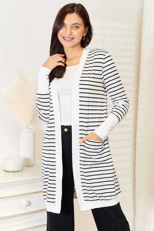 White double take striped open front longline cardigan by Trendsi, featuring a relaxed fit and cozy knit fabric.