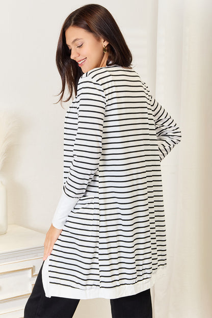 White Trendsi Double Take striped open front longline cardigan with a relaxed fit and long sleeves.