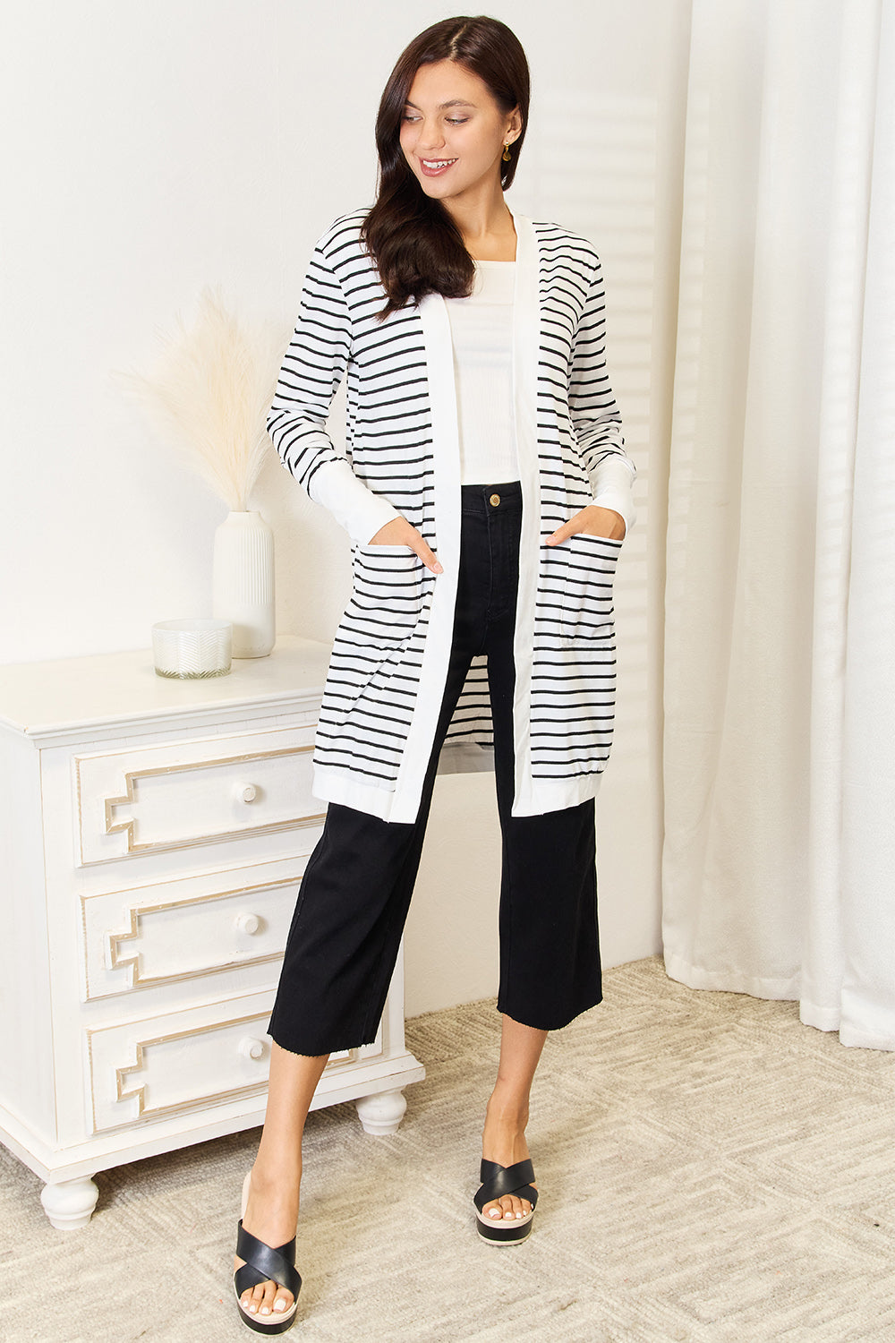 White double take striped open front longline cardigan by Trendsi, featuring a relaxed fit and casual style.