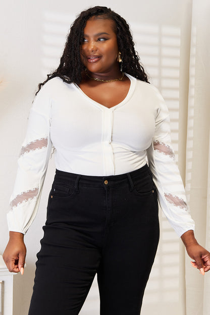 White Trendsi Double Take V-Neck Dropped Shoulder Blouse with relaxed fit and long sleeves, casual chic style.