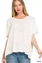 White Zenana oversized slub hacci top with a relaxed fit and textured fabric, styled on a model showcasing its casual, comfortable look.