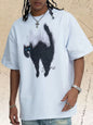 Men's white short sleeve T-shirt with a colorful cat graphic by Trendsi, casual and comfortable men’s graphic tee.