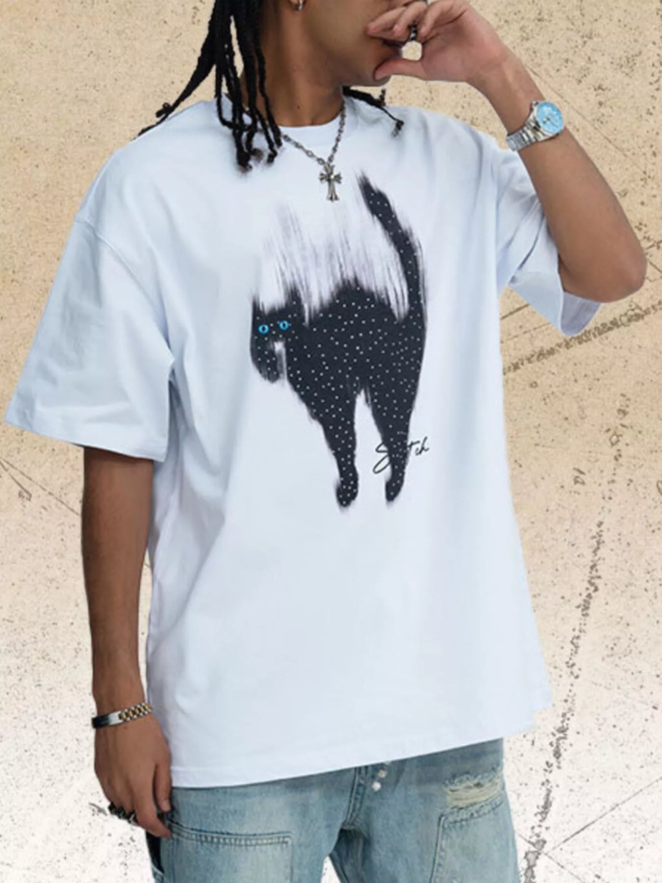 White men's short sleeve T-shirt with a colorful cat graphic print, from Trendsi.