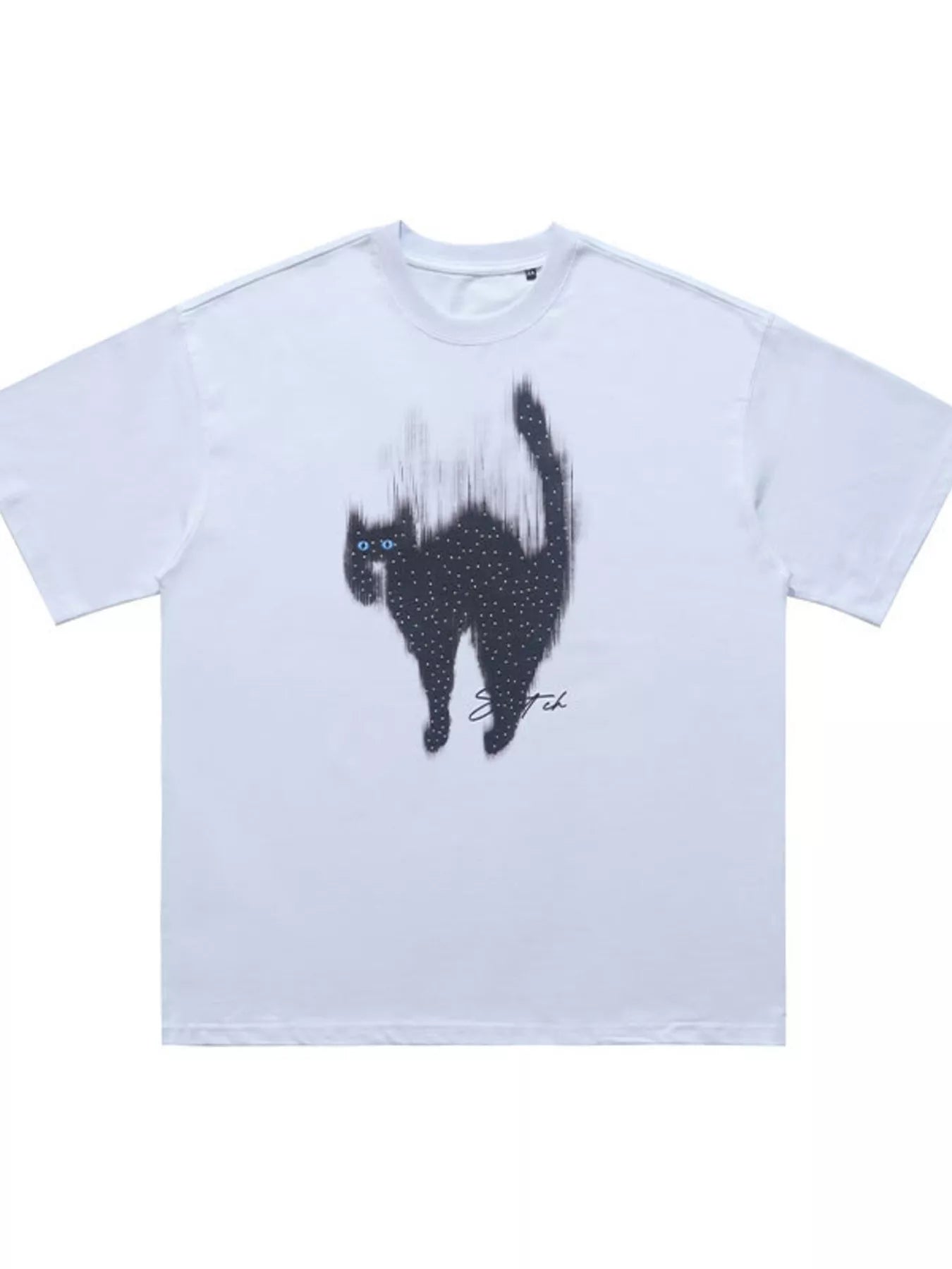 Men's white short sleeve T-shirt with a black cat graphic, casual men's fashion by Trendsi, soft cotton fabric.