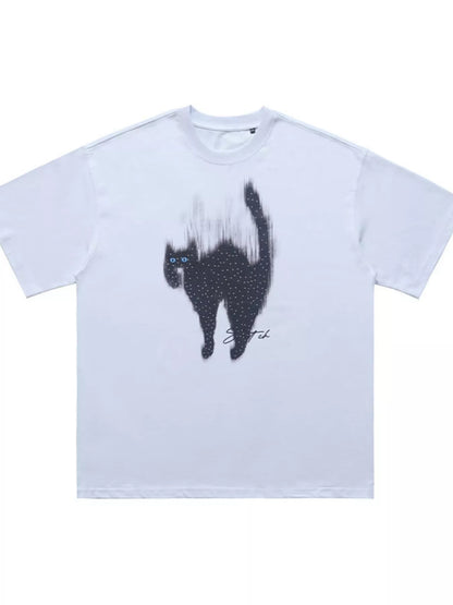 Men's white short sleeve T-shirt with a black cat graphic, casual men's fashion by Trendsi, soft cotton fabric.
