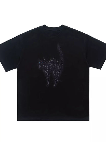 White men's short sleeve T-shirt by Trendsi featuring a playful cat graphic on the front.