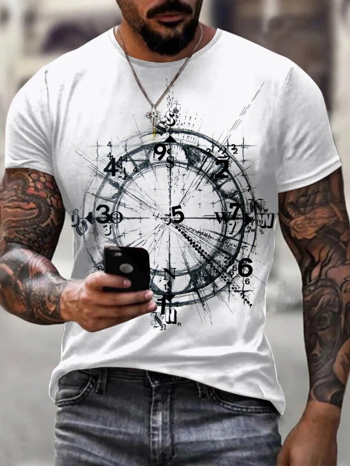 Plus size men's white round neck t-shirt with an artistic compass graphic, featuring a full-size design by Trendsi.