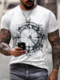 Plus size men's white round neck t-shirt with an artistic compass graphic, featuring a full-size design by Trendsi.