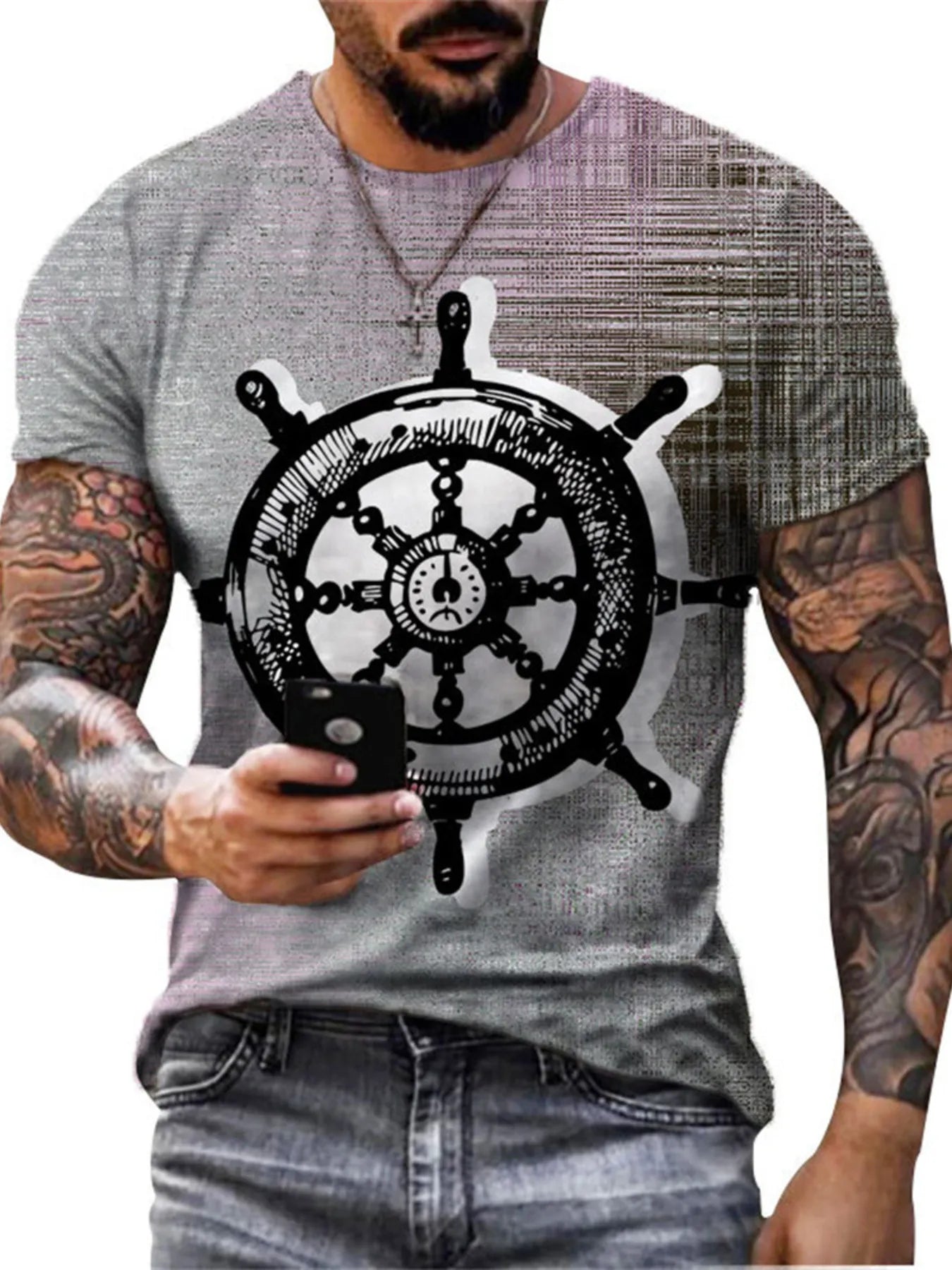 Men's white full-size artistic compass graphic round neck T-shirt, plus size, featuring a bold, creative design by Trendsi.