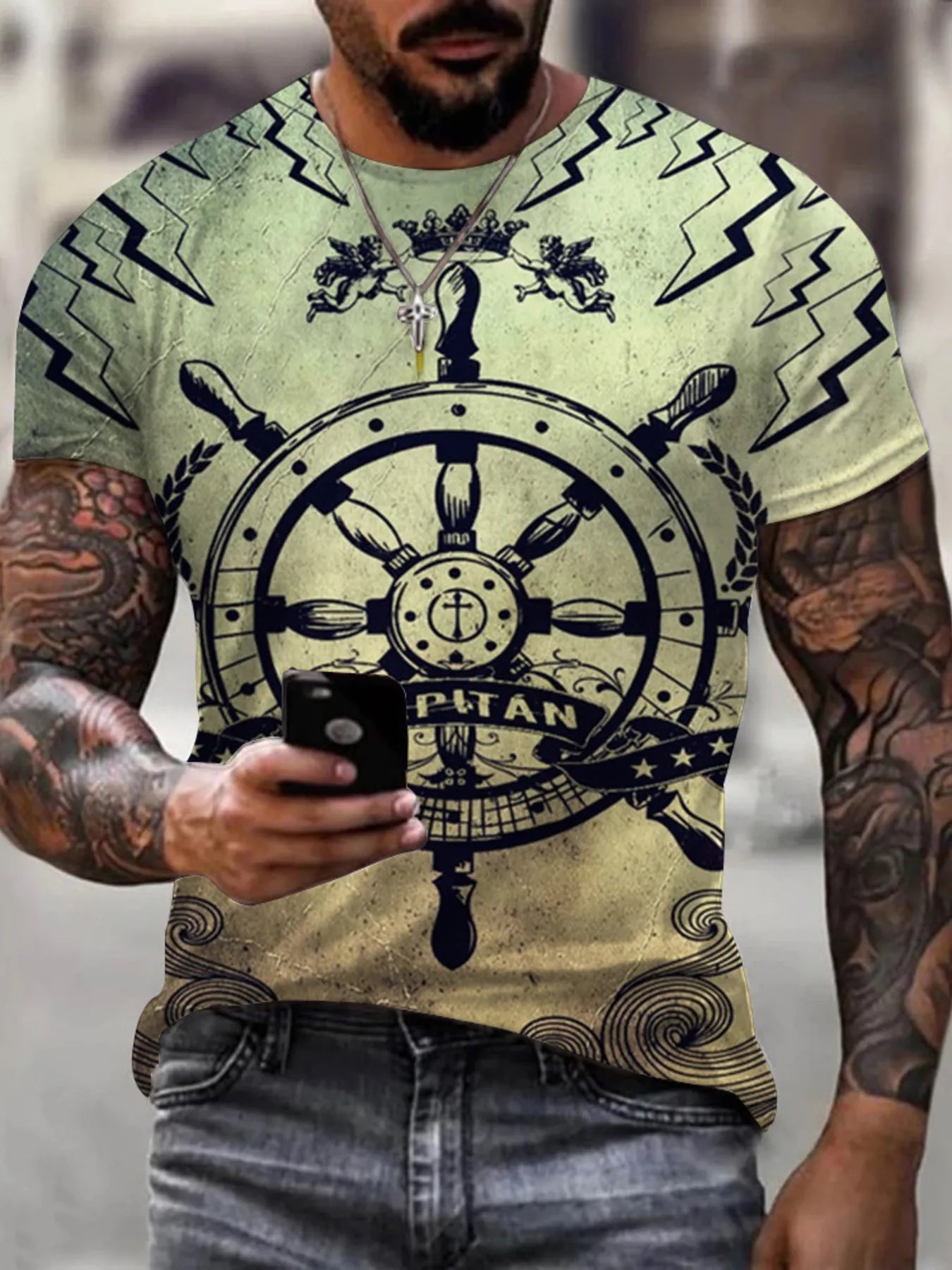 Men's plus size white T-shirt with artistic compass graphic on round neck, casual and stylish from Trendsi.