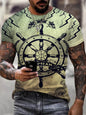 Men's plus size white T-shirt with artistic compass graphic on round neck, casual and stylish from Trendsi.