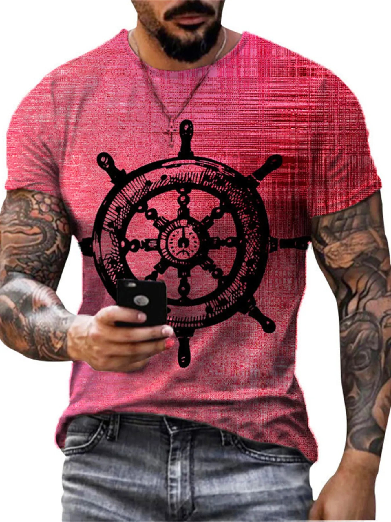 Men's plus size white round neck T-shirt with an artistic compass graphic by Trendsi, featuring a bold, creative design.