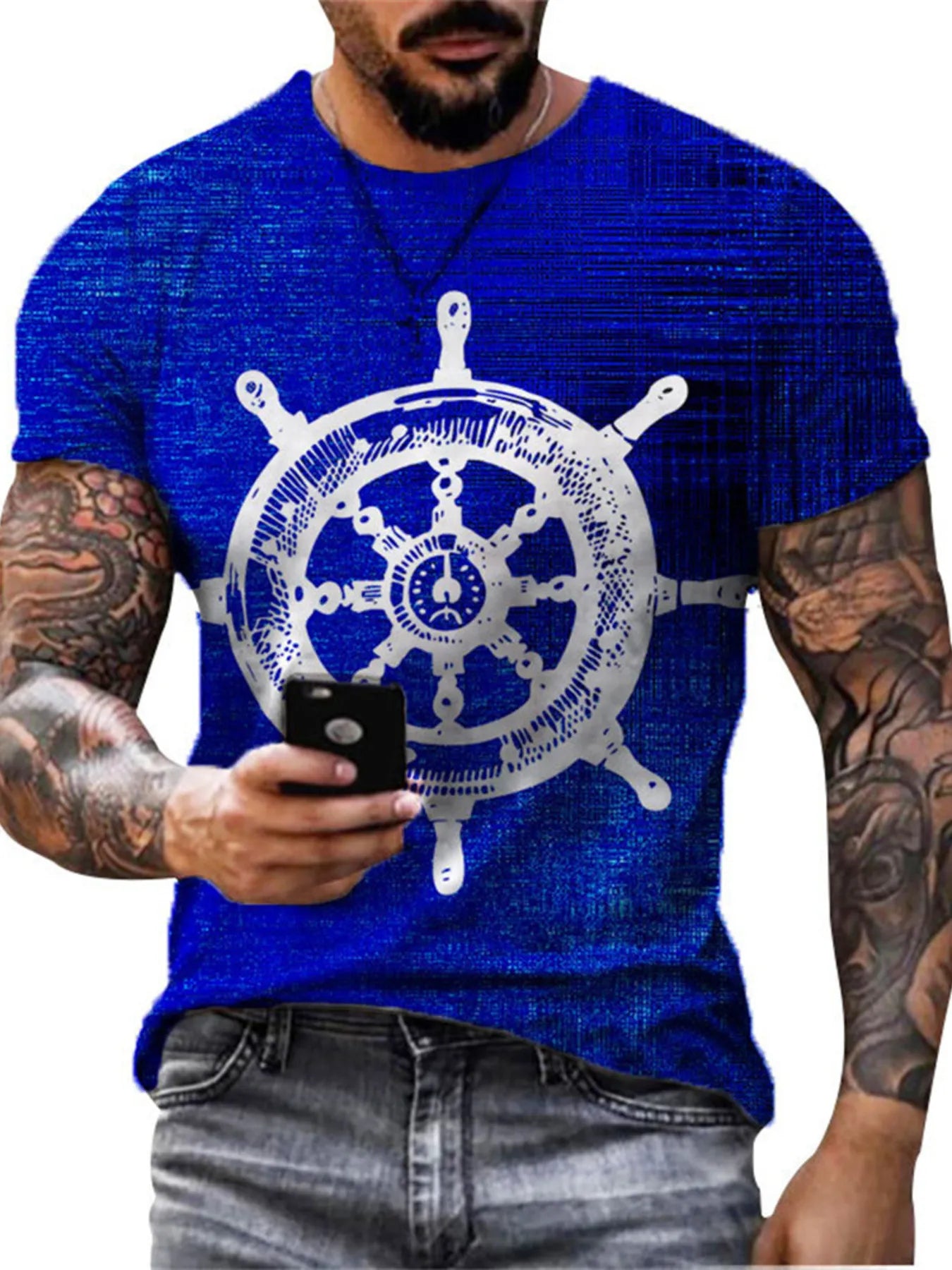 Men's white full-size artistic compass graphic round neck T-shirt, plus size, trendy casual men's clothing by Trendsi.