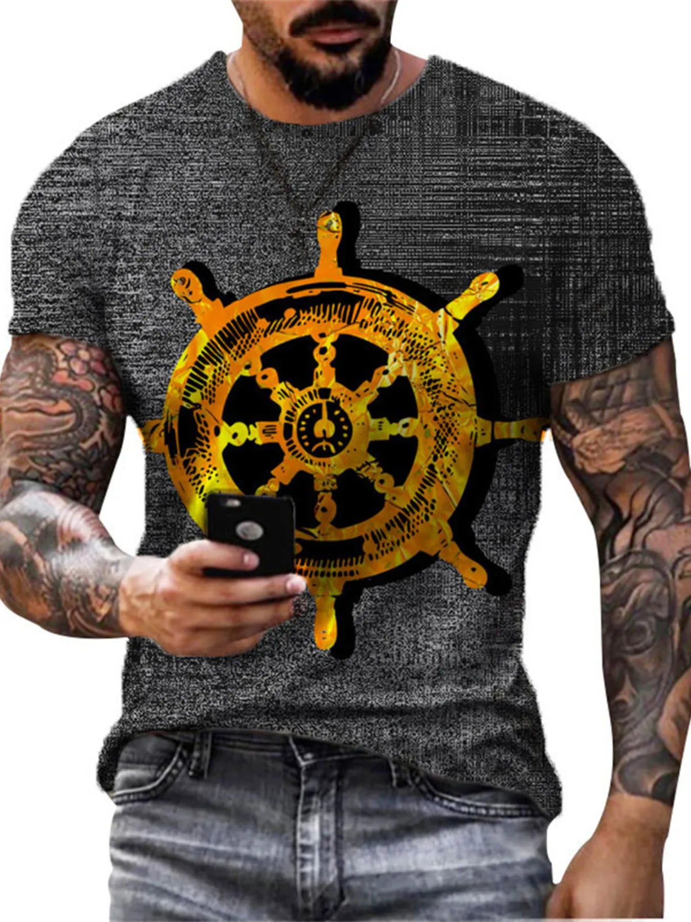 Men's full-size white T-shirt with artistic compass graphic on round neck, plus size, by Trendsi.