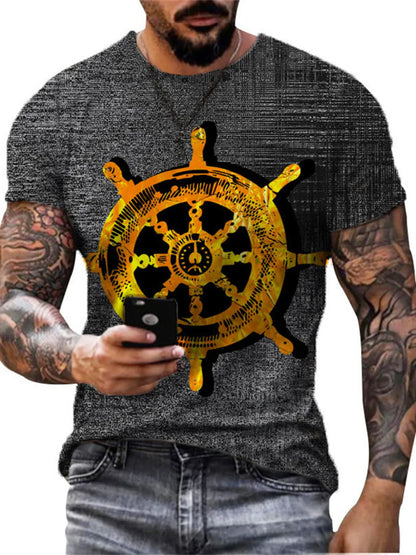 Men's full-size white T-shirt with artistic compass graphic on round neck, plus size, by Trendsi.