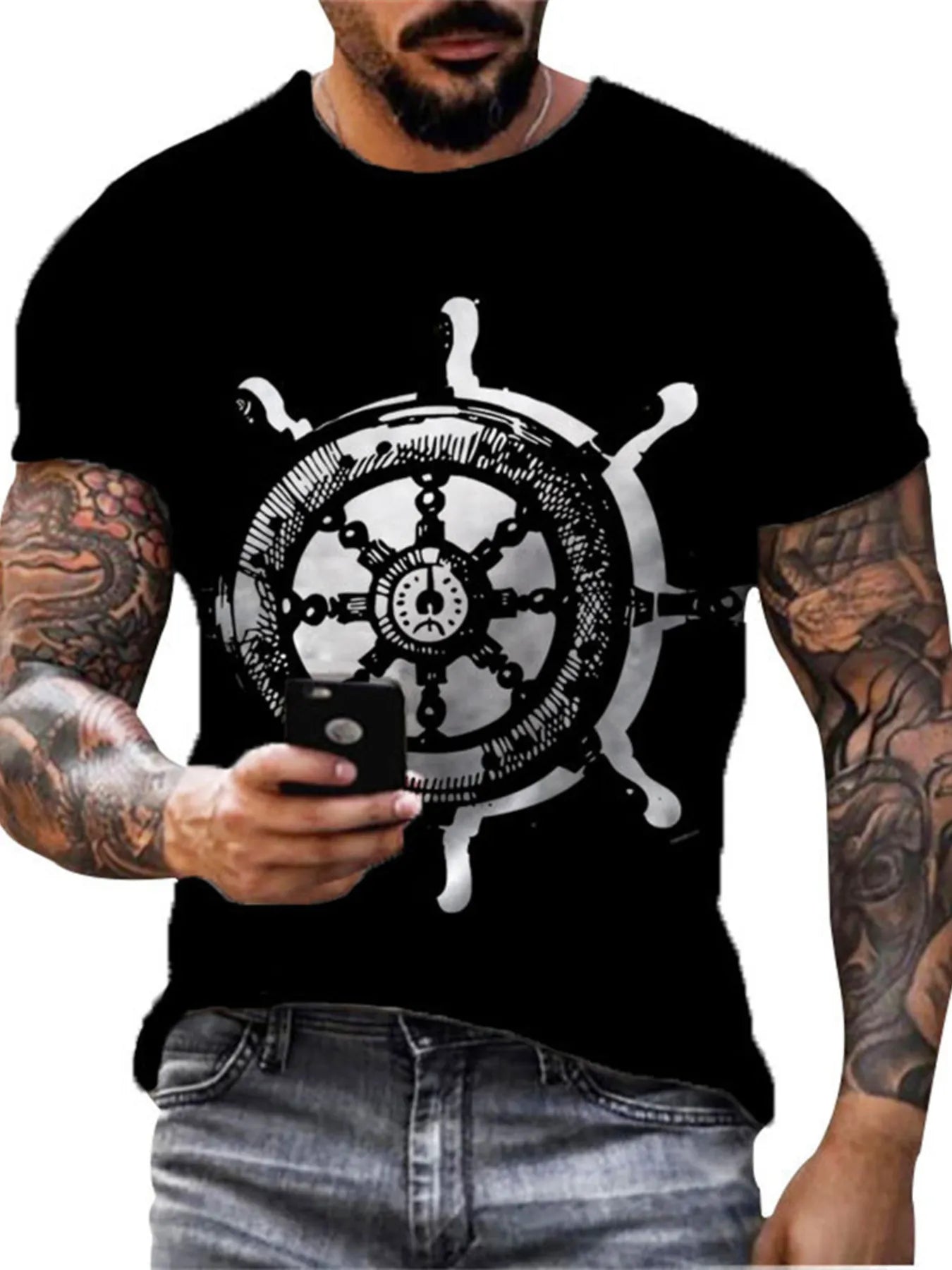 Men's white plus size T-shirt with an artistic compass graphic on the round neckline, made by Trendsi.