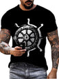 Men's white plus size T-shirt with an artistic compass graphic on the round neckline, made by Trendsi.