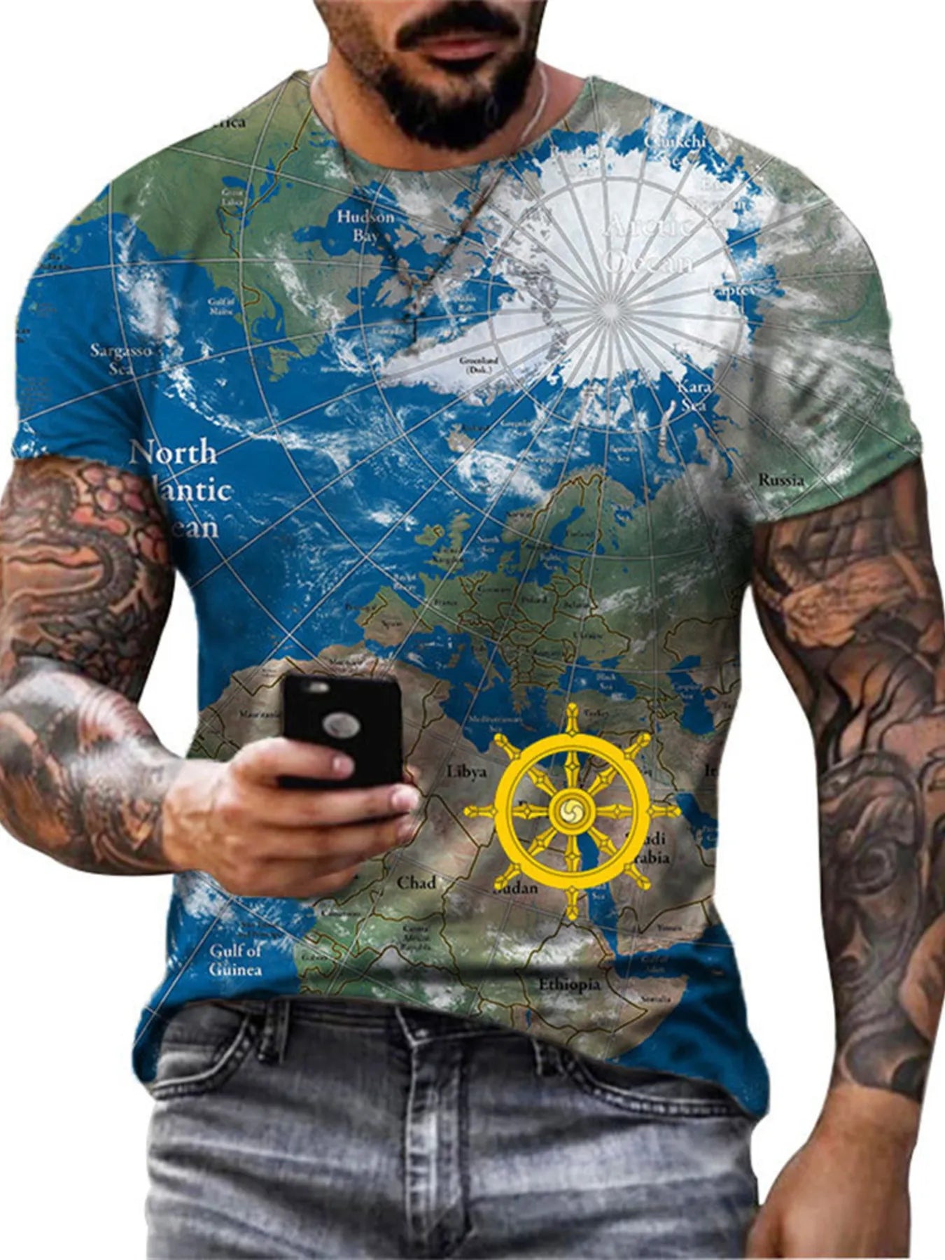 Men's plus size white round neck T-shirt with an artistic compass graphic, featuring a bold, creative design.