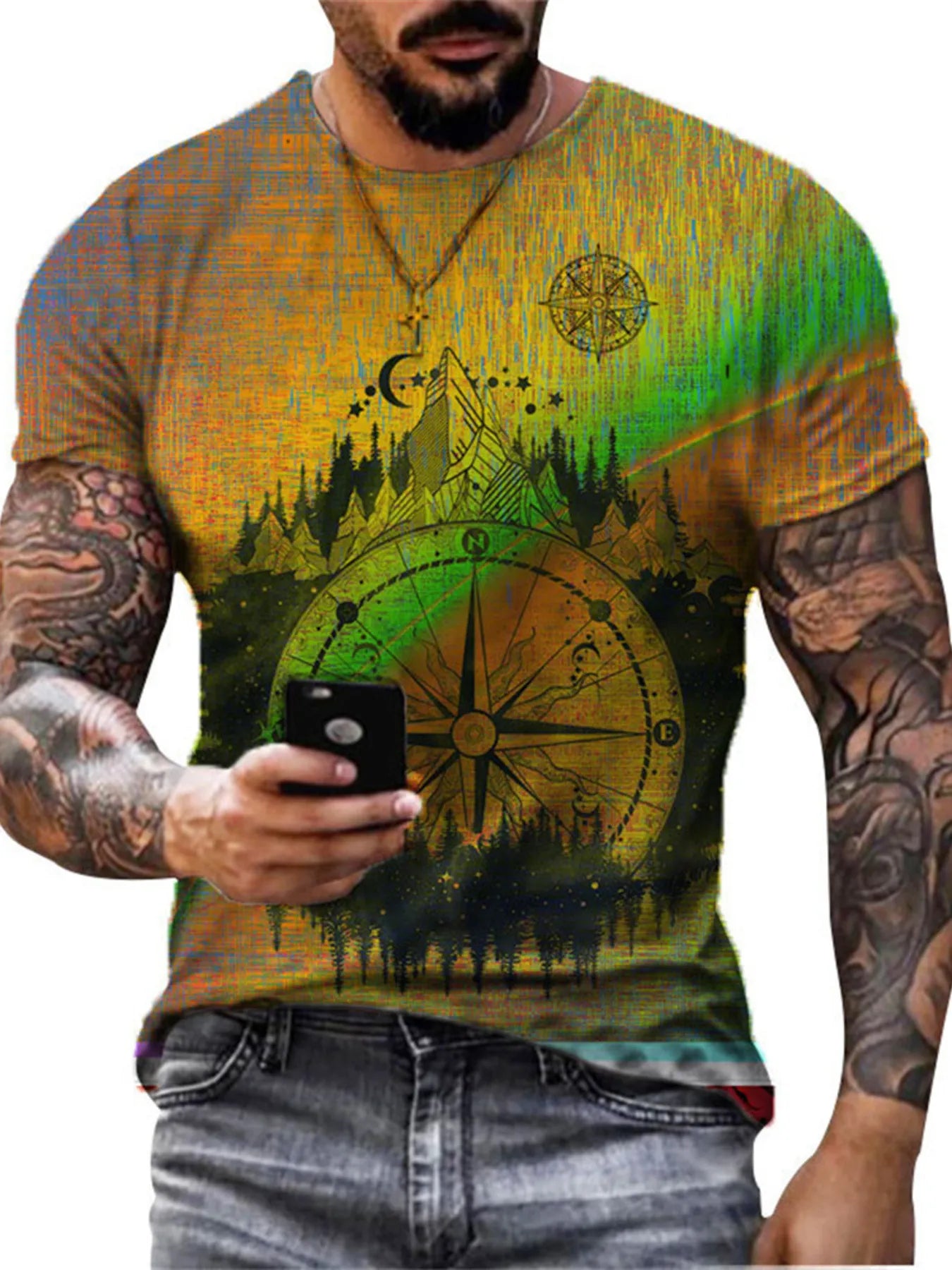 Men's white full-size artistic compass graphic round neck T-shirt, plus size, by Trendsi, featuring bold nautical-inspired design.