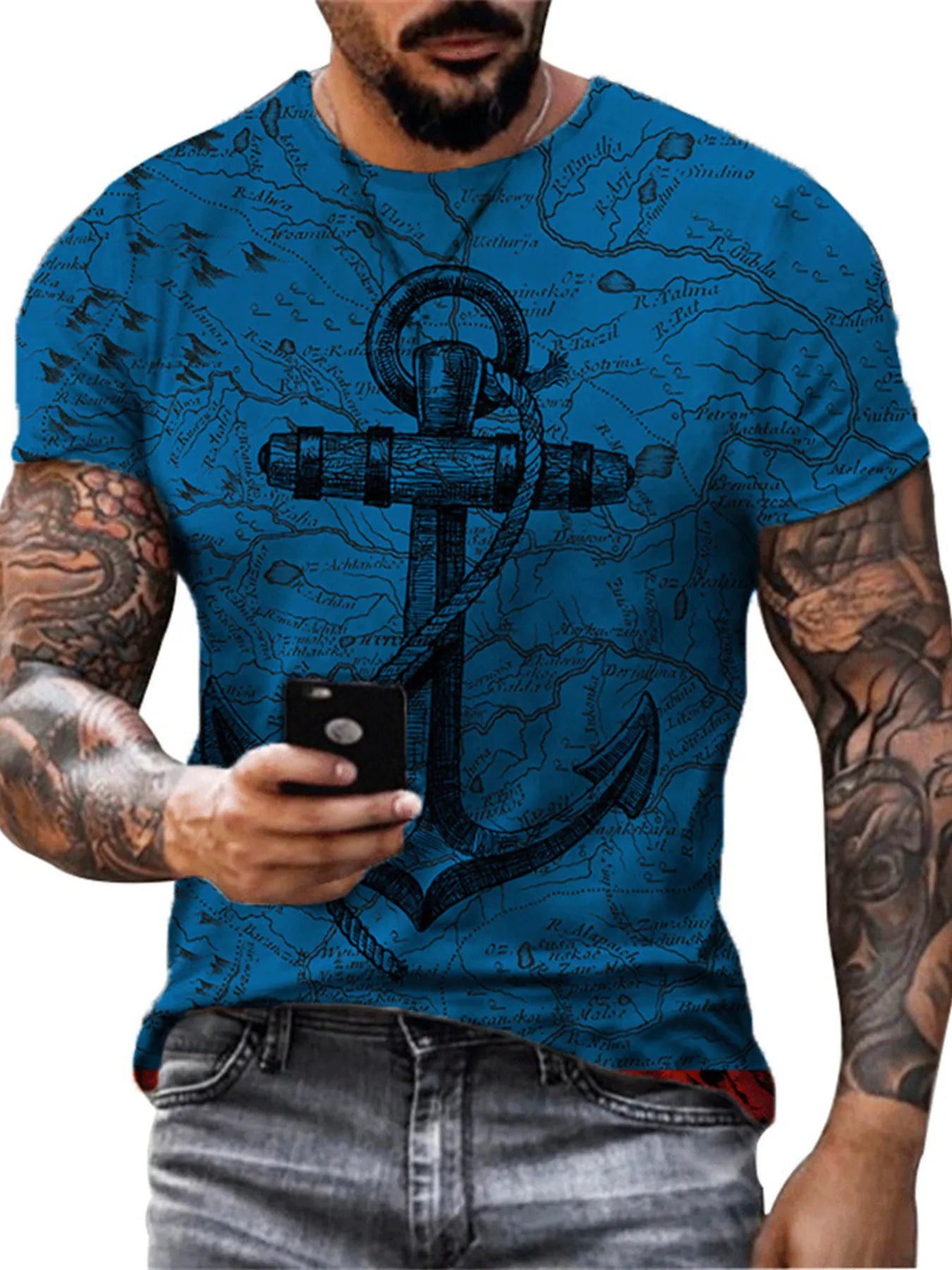 Men's white full-size artistic compass graphic round neck T-shirt, plus size, stylish men's fashion tee by Trendsi.