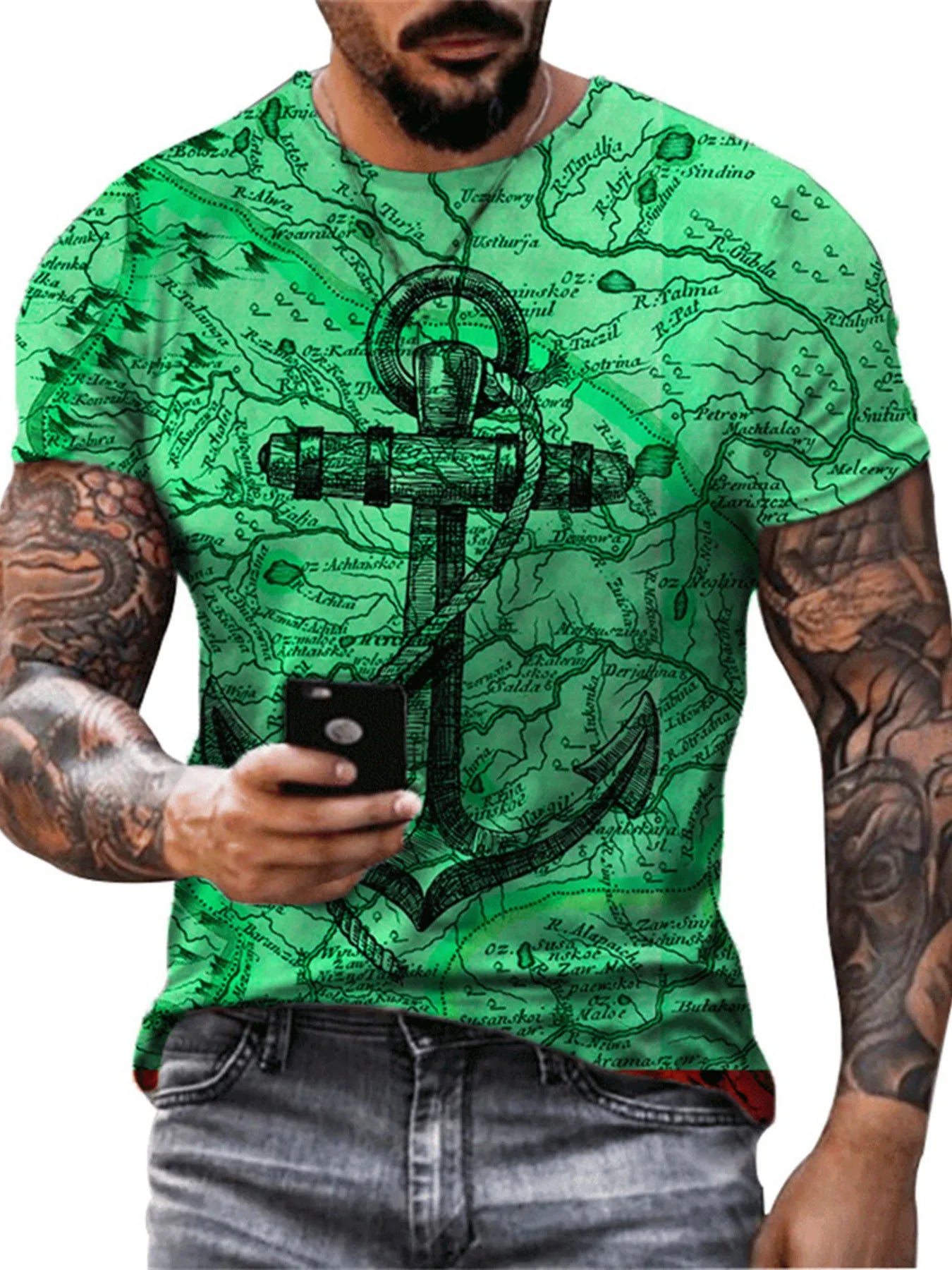 Men's white full-size T-shirt with an artistic compass graphic on the round neck, plus size, by Trendsi.