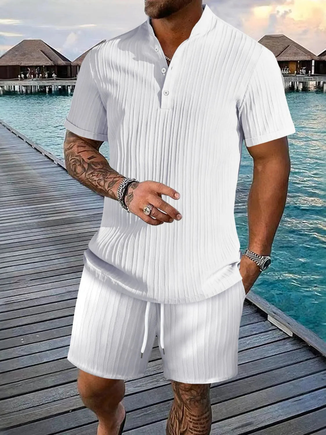 Men's white plus size short sleeve top and shorts set with button details, styled for casual comfort by Trendsi.
