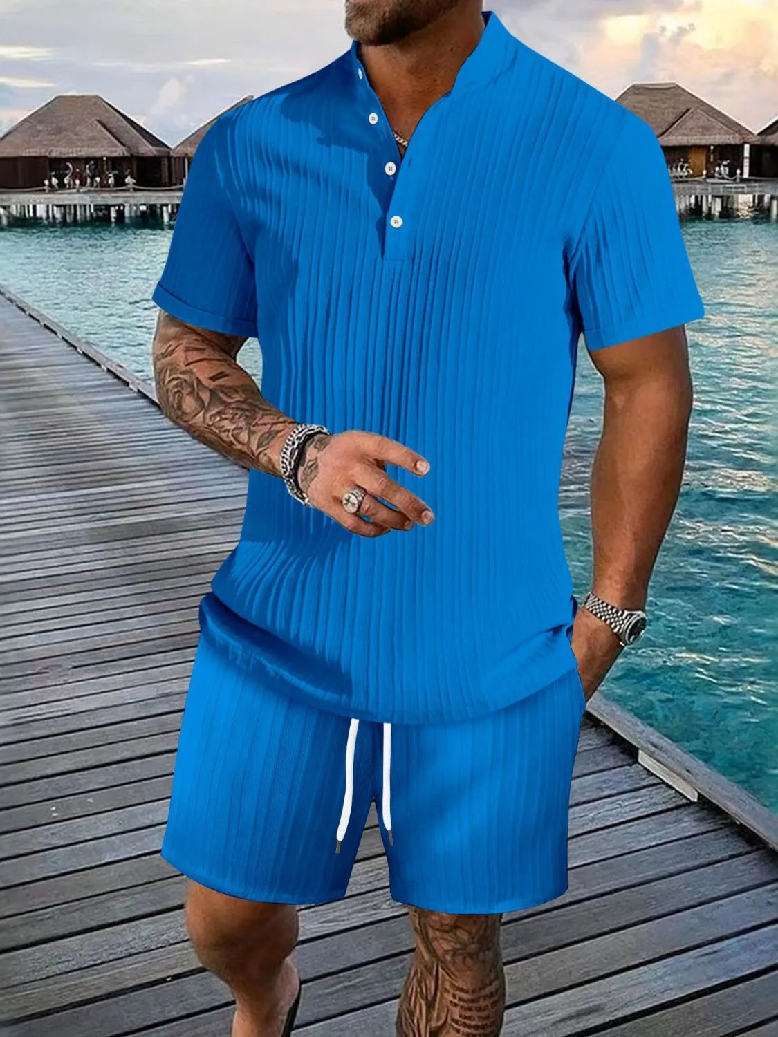Men's white plus size short sleeve button detail top and shorts set by Trendsi, casual summer outfit with stylish design.