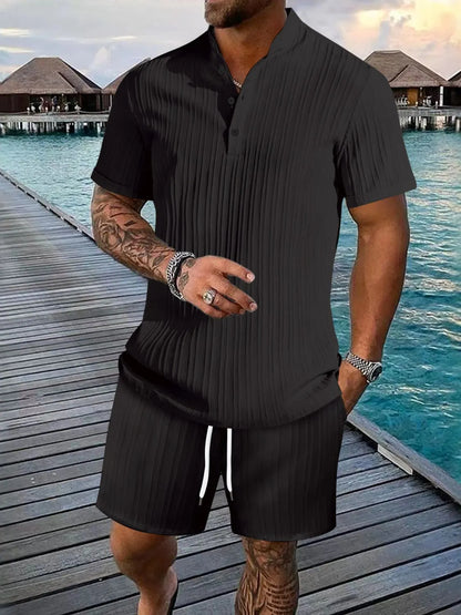 Men's plus size white short sleeve button detail top and shorts set by Trendsi, casual summer outfit for men.