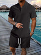 Men's plus size white short sleeve button detail top and shorts set by Trendsi, casual summer outfit for men.