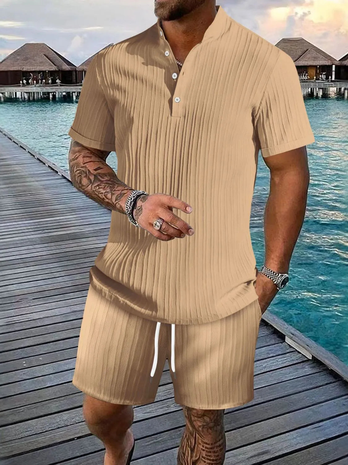 Men's plus size white button detail short sleeve top and shorts set by Trendsi, casual summer outfit with relaxed fit.