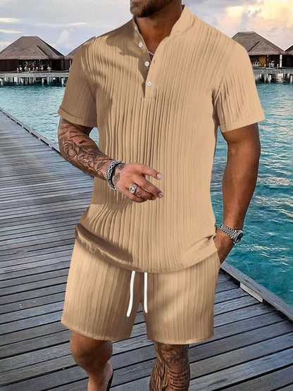 Men's plus size white button detail short sleeve top and shorts set by Trendsi, casual summer outfit with relaxed fit.